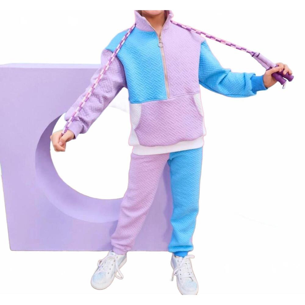 NEW BISBY kid's colorblock quilted trellis pullover sweater in lavender/ blue